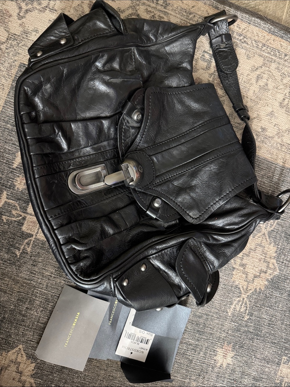Francesco Biasia Black Leather Messenger Bag with Silver Hardware